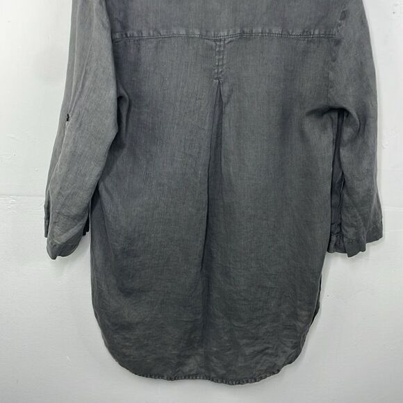 Side Stitch Linen Popover Tunic Top Blue Roll Tab Sleeve Pocket Collar Small - Picture 9 of 15